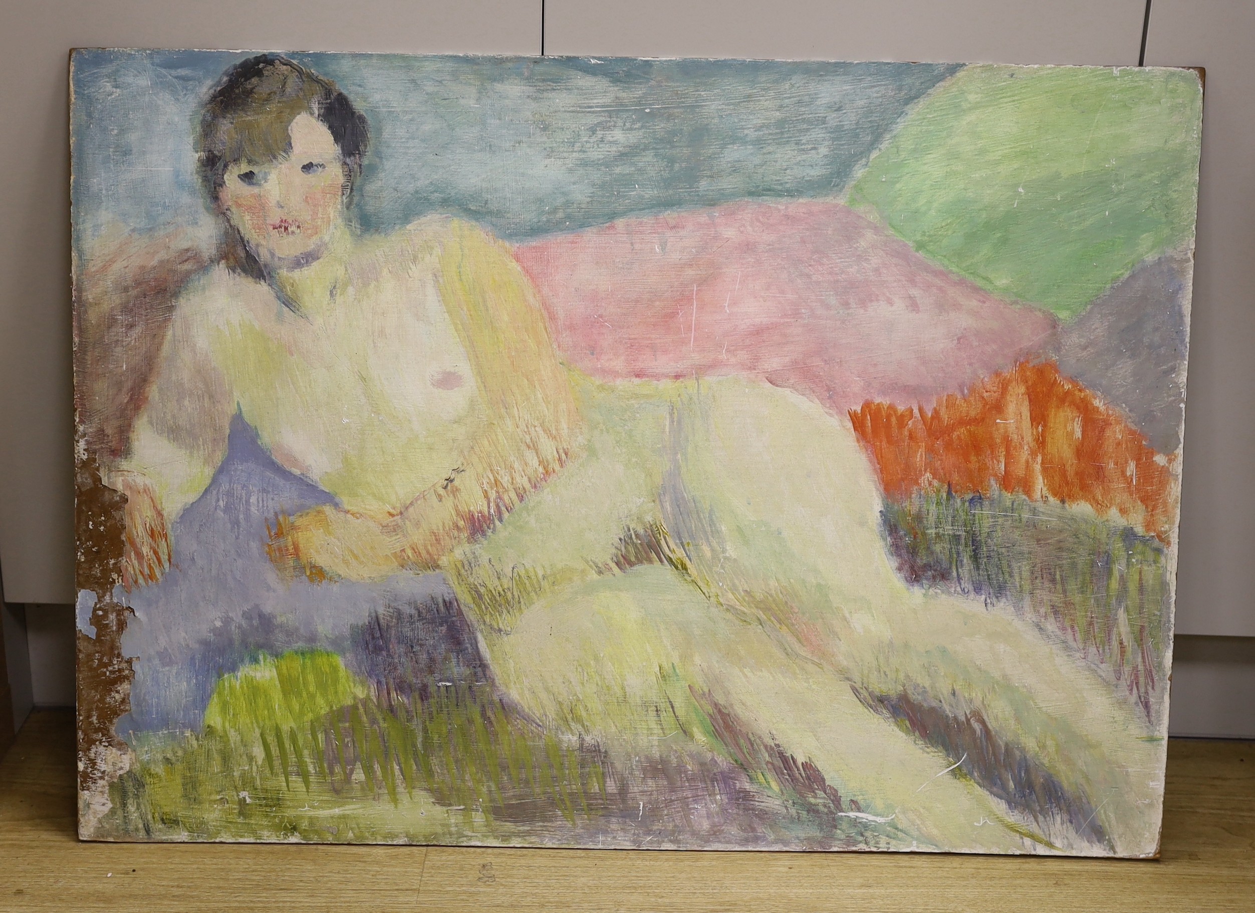 Modern British, oil on board, Reclining female nude, 69 x 95cm, unframed